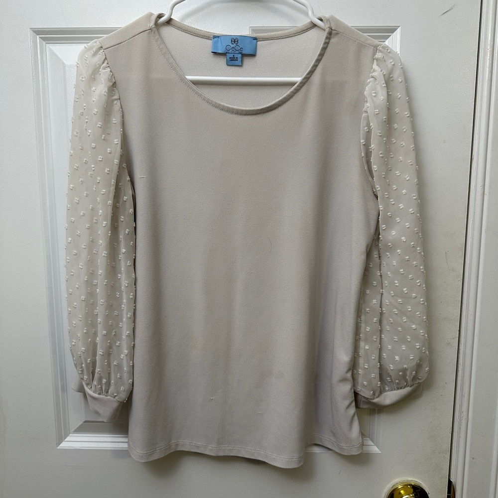 NWOT CeCe Cream Swiss Dot Bishop Sleeve Blouse
